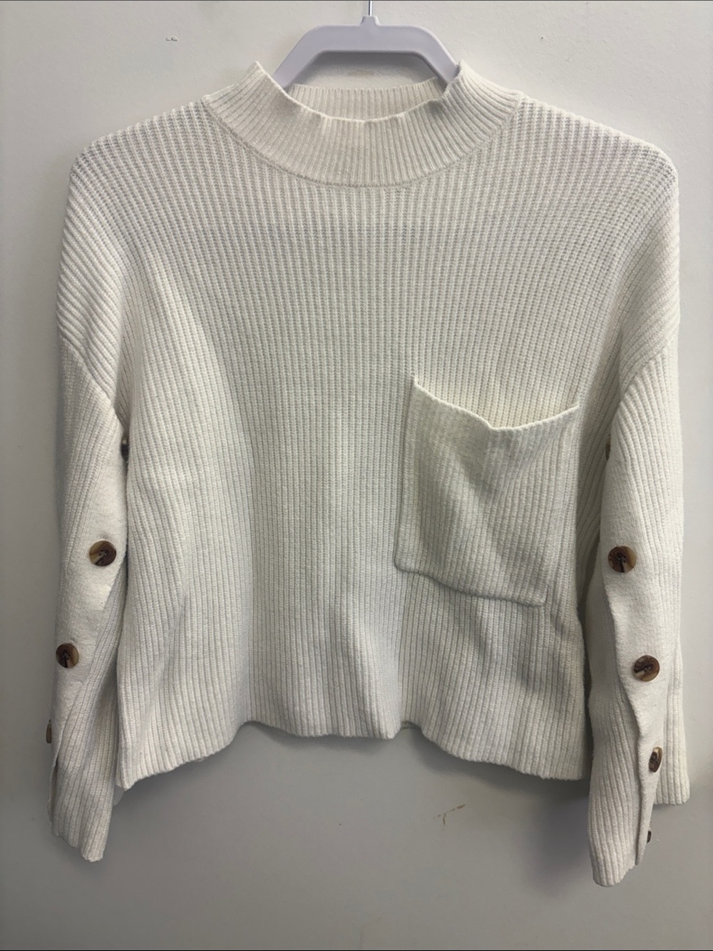 For The Republic Cream Ribbed Mock-Neck Sweater with Button Sleeve Detail